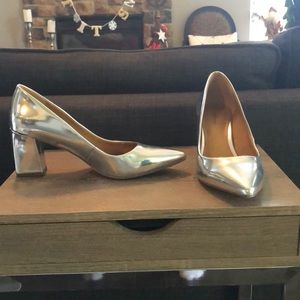 Silver Pointed Toe Pumps W/ Chunky Heel